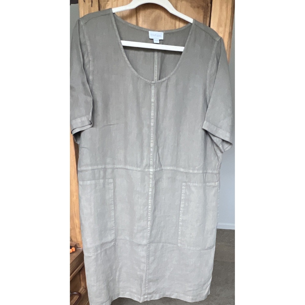 J. Jill Women's Solid Short Sleeve Linen Shift Dress Size L Pockets Lagenlook